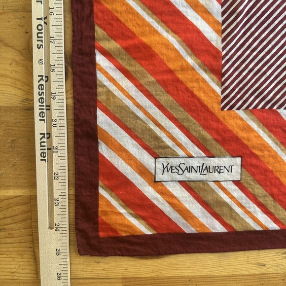 Vintage Yves Saint Laurent Scarf Cotton Large Red Orange Brown Striped Logo 70s - Picture 6 of 9